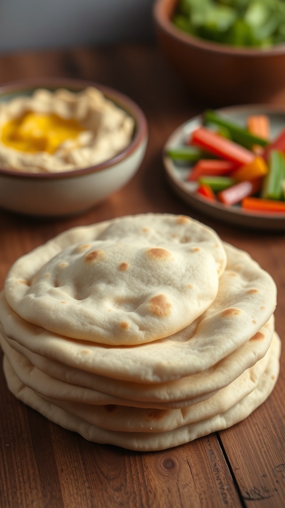 Stovetop Pita Bread Recipe Freshly made pita bread stacked on a table with hummus and vegetables.